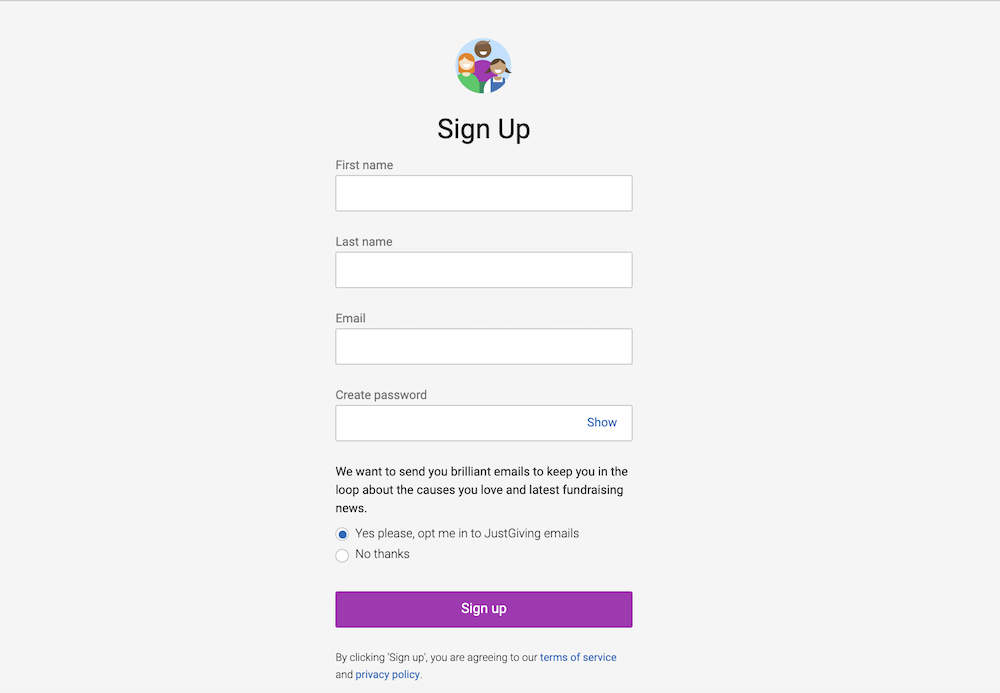 Just Giving sign up page